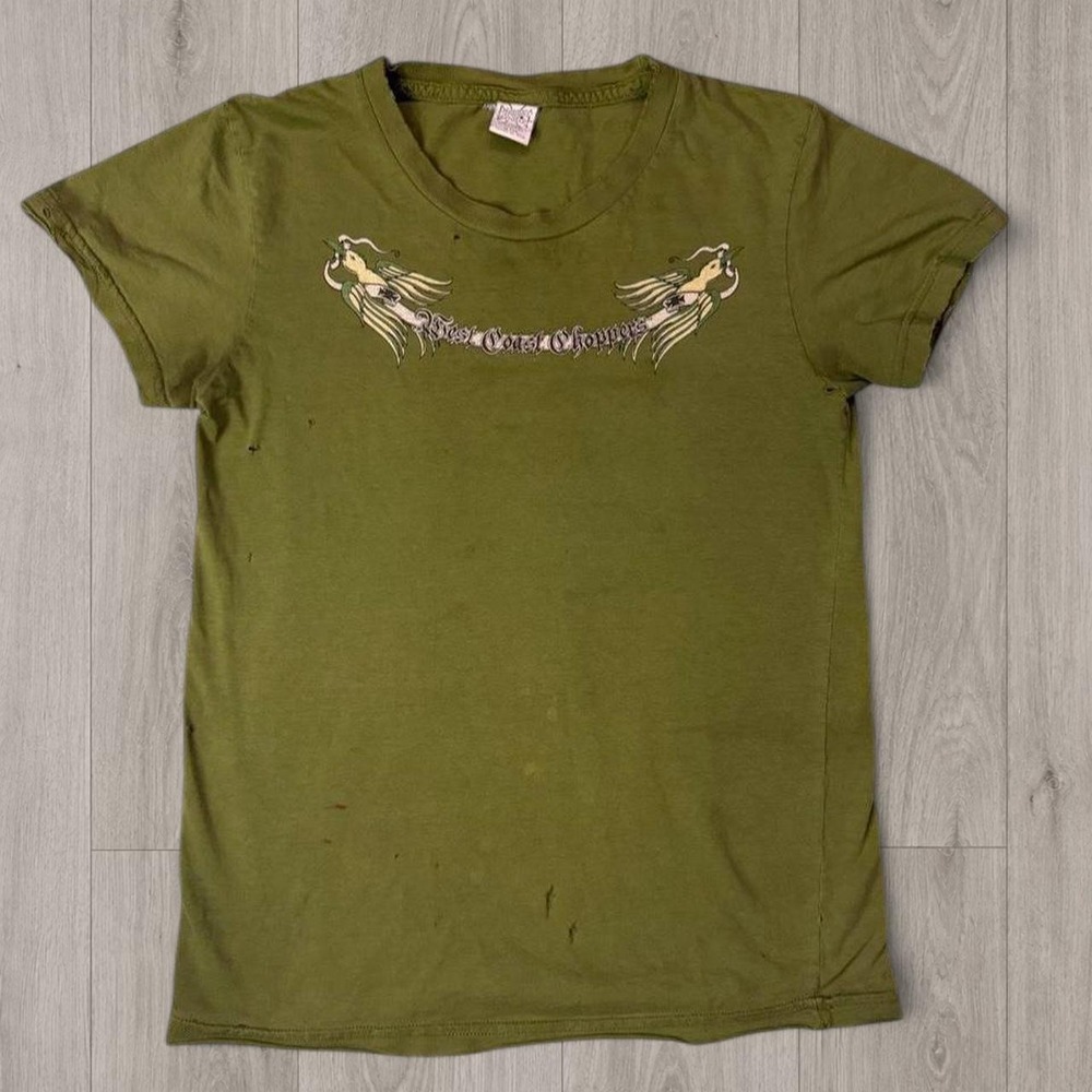 Vintage 2000s West Coast Choppers Olive Green Thrashed Distressed Graphic Tee M